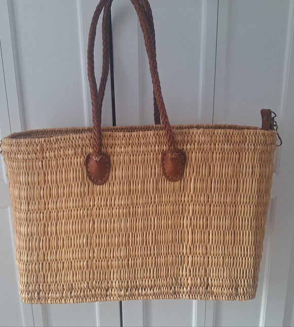 Woven Straw Tote Bag with Brown Leather Pocket - Picture 2 of 7